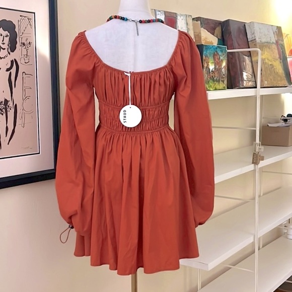 NWT Staud,Form Flattering Bow Dress Puff Sleeve Mini Rust Red, Boho, Lux,Size 6 - Picture 5 of 9